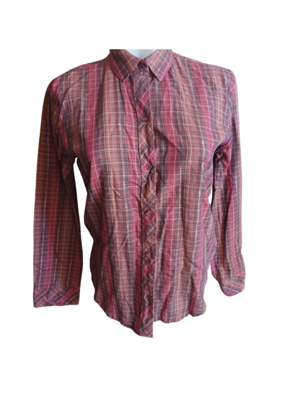 True Vintage Boho Top Small Hippy Plaid 70's Button-Up Gold Thread Boho Blouse